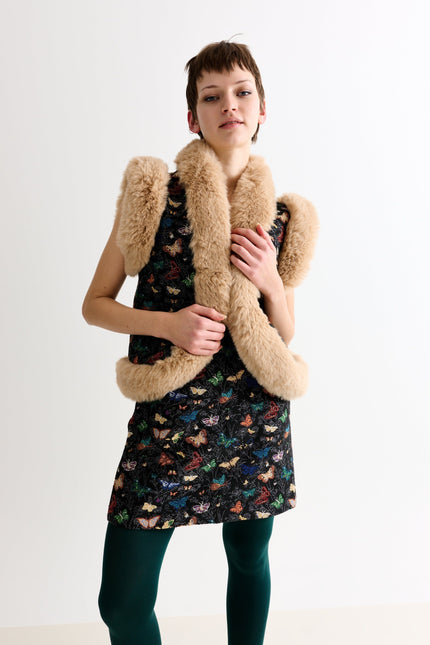 Dominica Butterfly Ball Jacquard Faux Fur Trimmed Waistcoat – Multicoloured - Detail 2