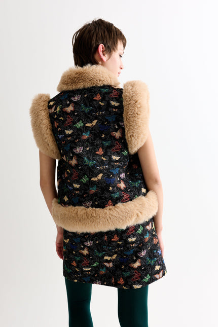 Dominica Butterfly Ball Jacquard Faux Fur Trimmed Waistcoat – Multicoloured - Detail 3