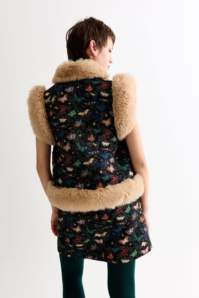 Dominica Butterfly Ball Jacquard Faux Fur Trimmed Waistcoat – Multicoloured - Detail 3