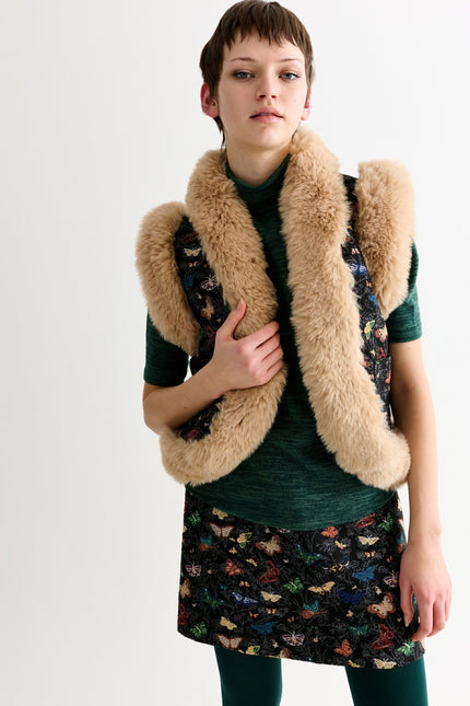Dominica Butterfly Ball Jacquard Faux Fur Trimmed Waistcoat – Multicoloured - Front