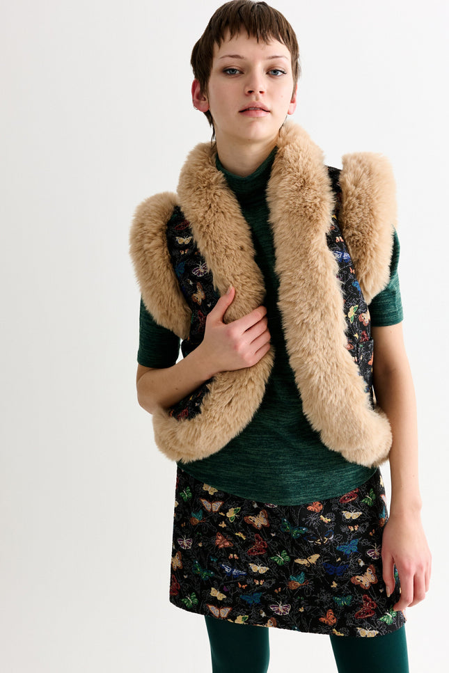 Dominica Butterfly Ball Jacquard Faux Fur Trimmed Waistcoat – Multicoloured - Front