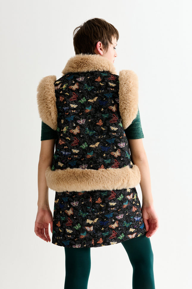 Dominica Butterfly Ball Jacquard Faux Fur Trimmed Waistcoat – Multicoloured - Back
