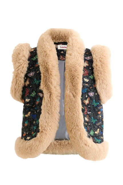 Dominica Butterfly Ball Jacquard Faux Fur Trimmed Waistcoat – Multicoloured - Styled