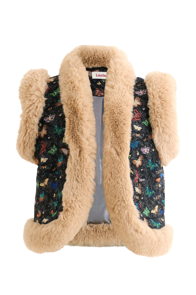 Dominica Butterfly Ball Jacquard Faux Fur Trimmed Waistcoat – Multicoloured - Styled