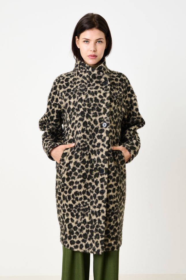 Donalda Animal Funnel Neck Coat - Green - Front