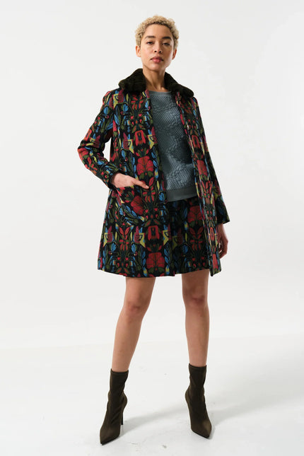 Dryden Folk Jacquard Fur Collared Coat - Detail 3