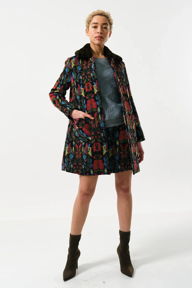 Dryden Folk Jacquard Fur Collared Coat - Detail 3