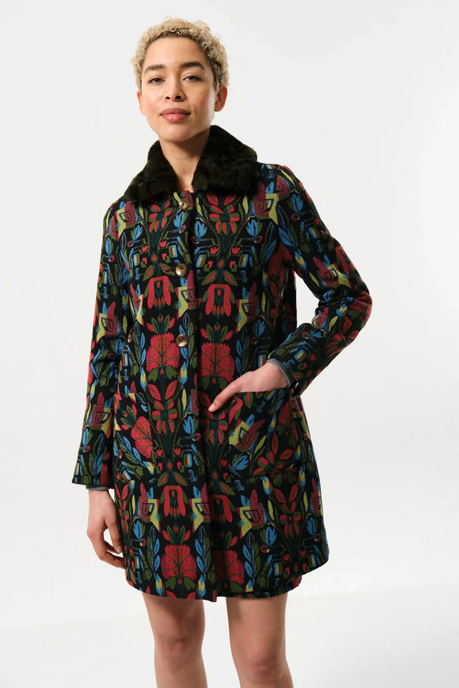 Dryden Folk Jacquard Fur Collared Coat - Front