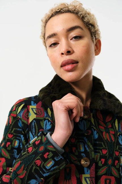 Dryden Folk Jacquard Fur Collared Coat - Detail 1