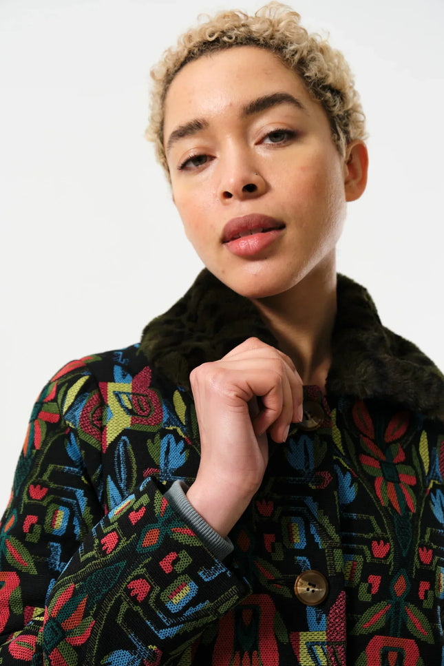 Dryden Folk Jacquard Fur Collared Coat - Detail 1