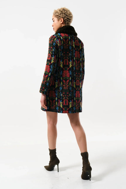 Dryden Folk Jacquard Fur Collared Coat - Back