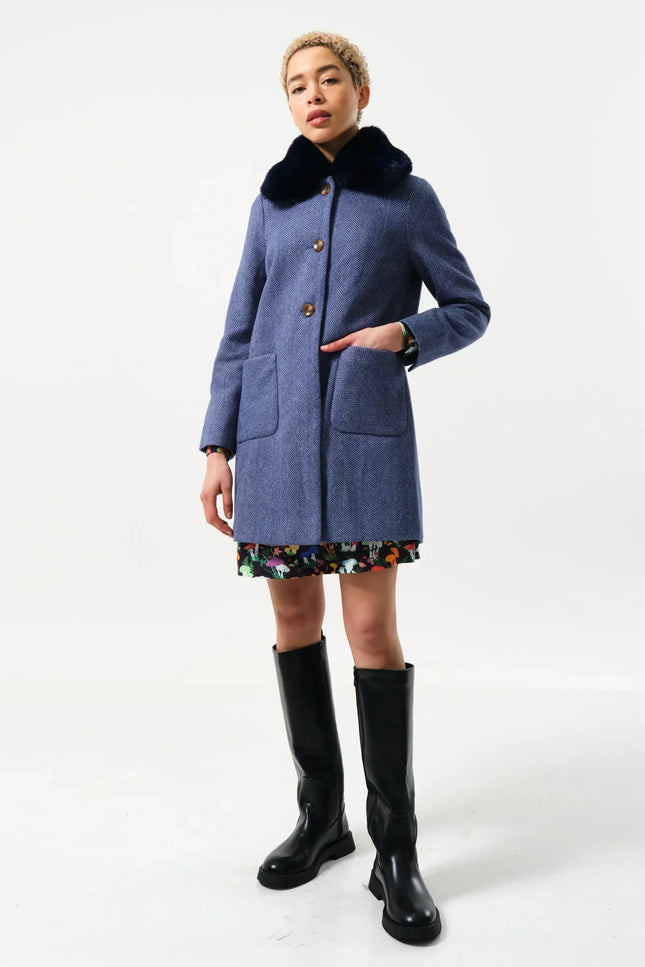 Dryden Herringbone Fur Collared Coat - Blue - Front