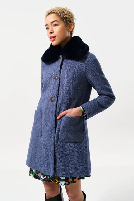 Dryden Herringbone Fur Collared Coat - Blue - Detail 1