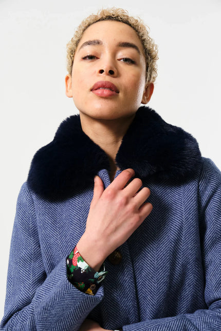 Dryden Herringbone Fur Collared Coat - Blue - Detail 2