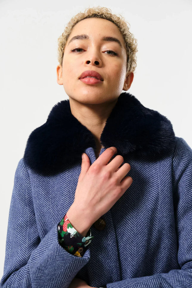 Dryden Herringbone Fur Collared Coat - Blue - Detail 2
