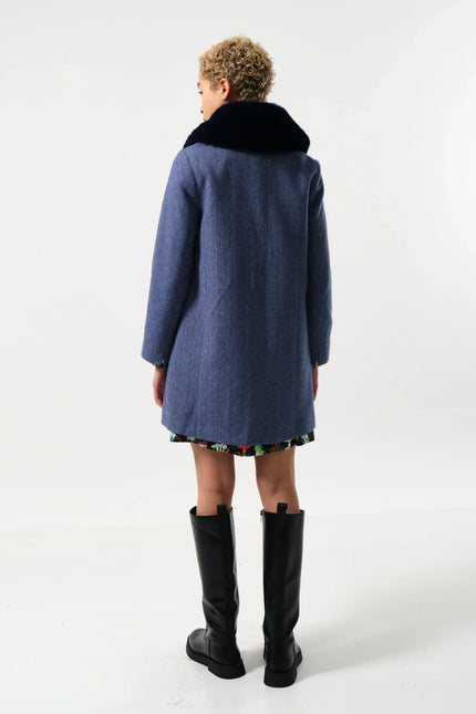 Dryden Herringbone Fur Collared Coat - Blue - Back