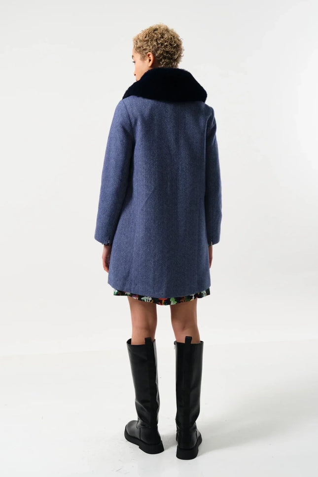 Dryden Herringbone Fur Collared Coat - Blue - Back