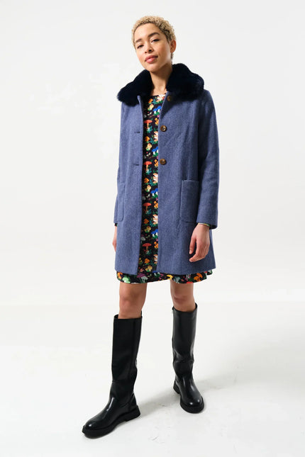 Dryden Herringbone Fur Collared Coat - Blue - Detail 3