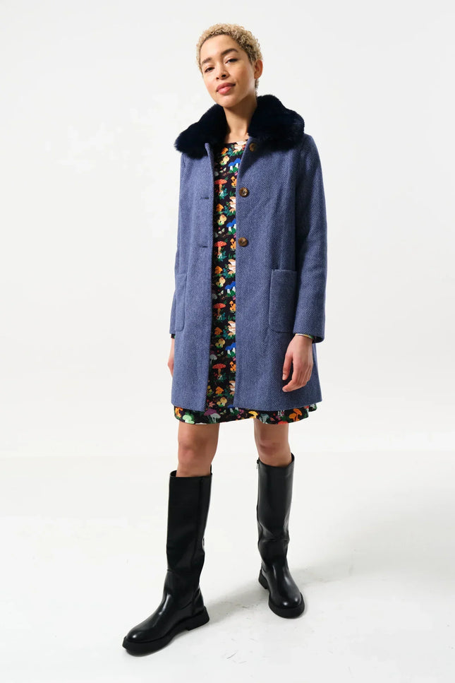 Dryden Herringbone Fur Collared Coat - Blue - Detail 3