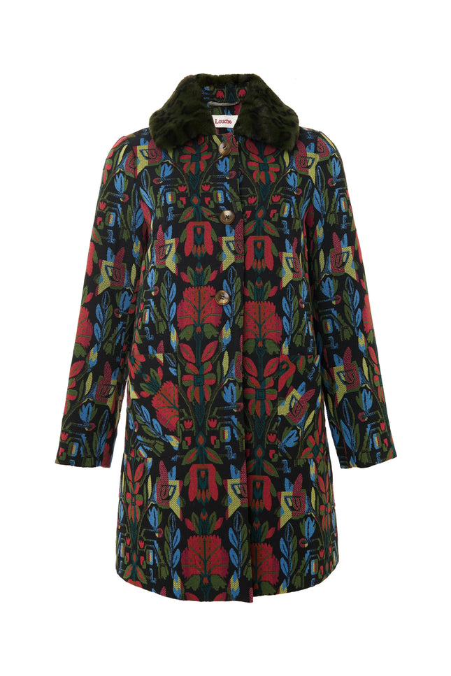 Dryden Folk Jacquard Fur Collared Coat - Styled