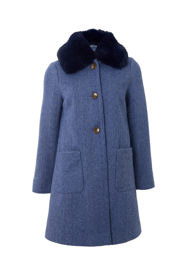 Dryden Herringbone Fur Collared Coat - Blue - Styled