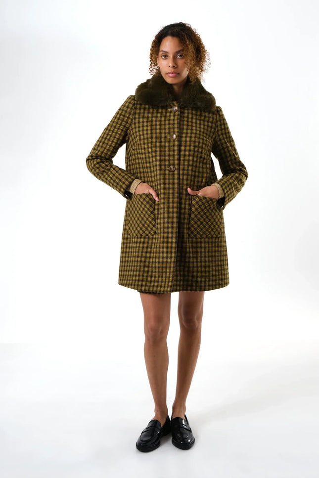Dryden Wyoming Check Faux Fur Collar Coat - Mustard - Detail 4