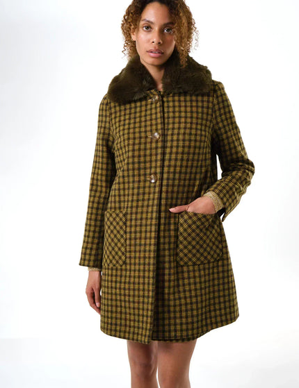 Dryden Wyoming Check Faux Fur Collar Coat - Mustard - Front