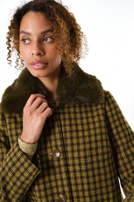 Dryden Wyoming Check Faux Fur Collar Coat - Mustard - Detail 3