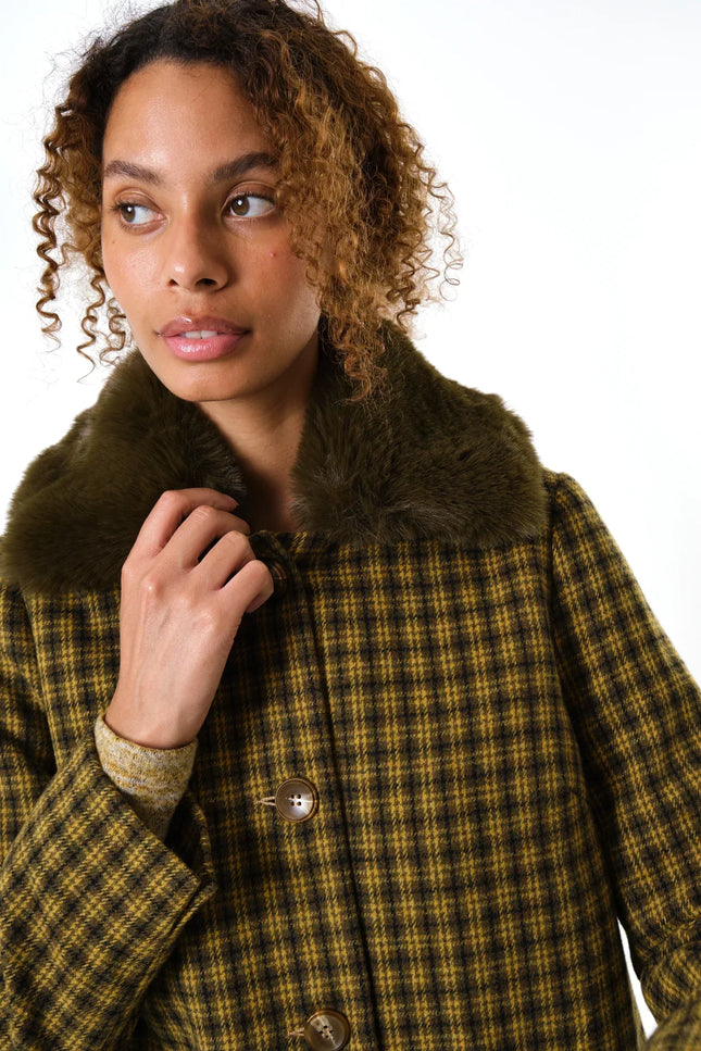 Dryden Wyoming Check Faux Fur Collar Coat - Mustard - Detail 3