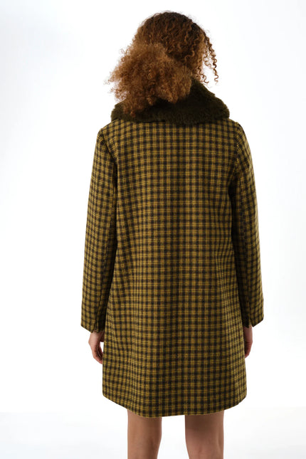 Dryden Wyoming Check Faux Fur Collar Coat - Mustard - Back