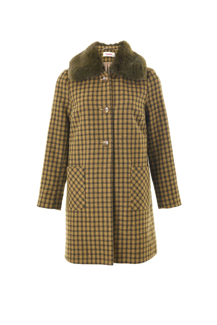 Dryden Wyoming Check Faux Fur Collar Coat - Mustard - Styled