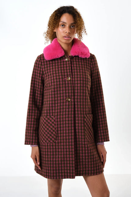 Dryden Wyoming Check Faux Fur Collar Coat - Pink - Front
