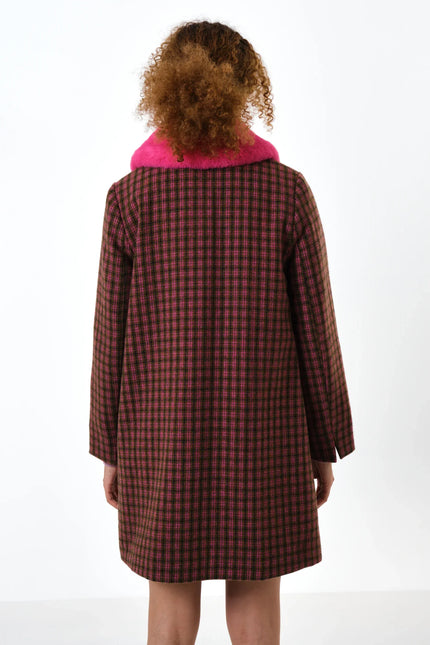 Dryden Wyoming Check Faux Fur Collar Coat - Pink - Back