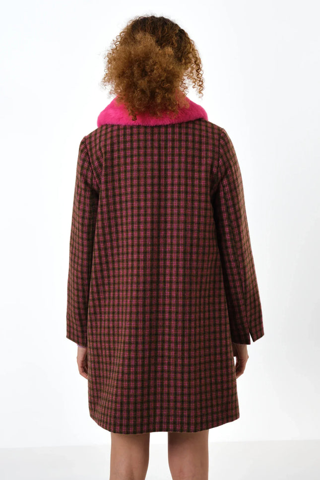 Dryden Wyoming Check Faux Fur Collar Coat - Pink - Back