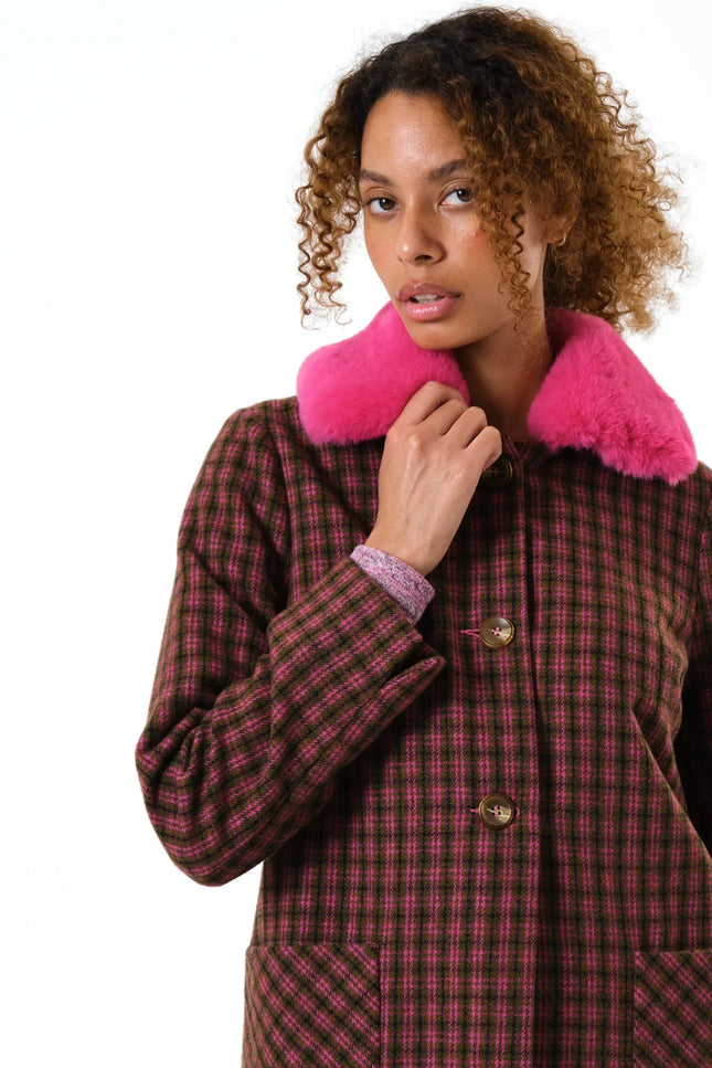 Dryden Wyoming Check Faux Fur Collar Coat - Pink - Detail 3