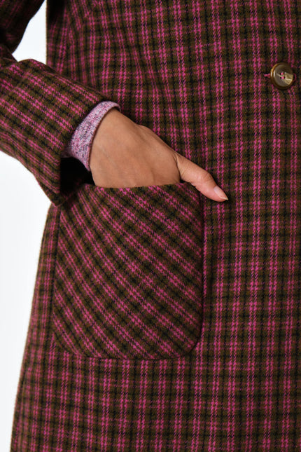 Dryden Wyoming Check Faux Fur Collar Coat - Pink - Detail 1