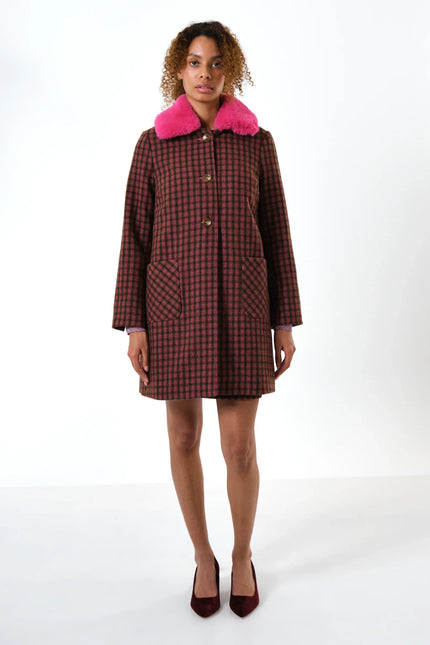 Dryden Wyoming Check Faux Fur Collar Coat - Pink - Detail 4