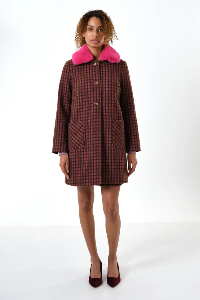 Dryden Wyoming Check Faux Fur Collar Coat - Pink - Detail 4