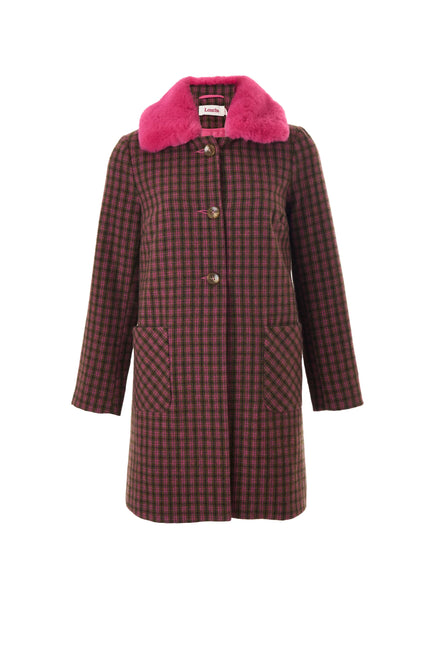 Dryden Wyoming Check Faux Fur Collar Coat - Pink - Styled