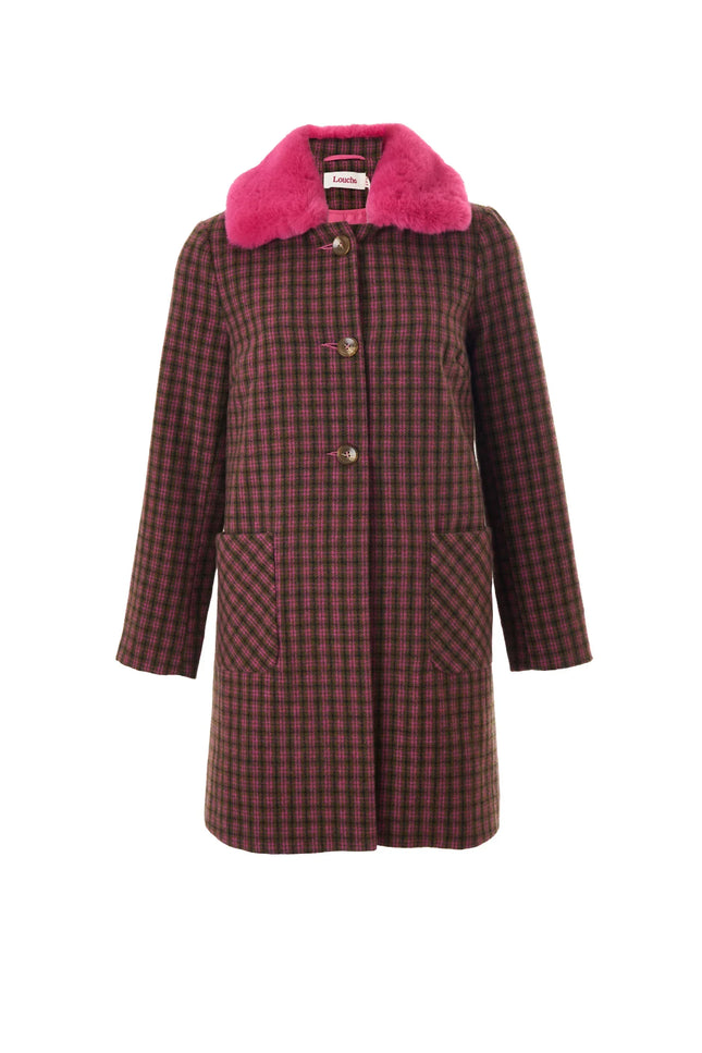 Dryden Wyoming Check Faux Fur Collar Coat - Pink - Styled