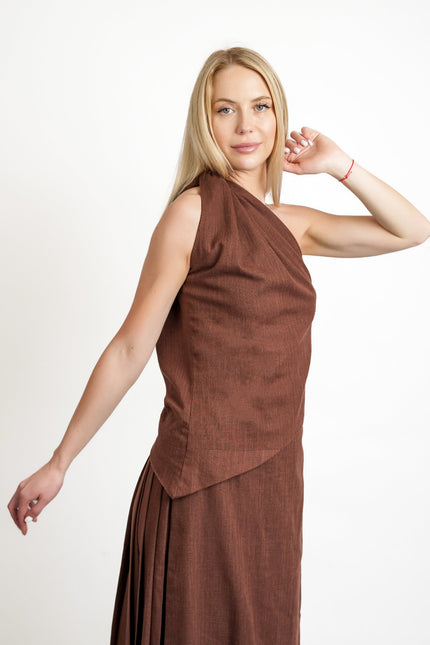 Muda Clothing | Zestaw Top i Spodnie z szerokimi nogawkami Rachel brązowy
