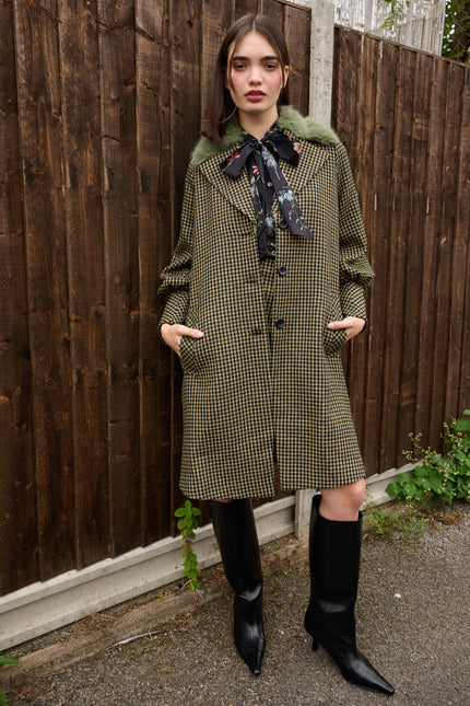 Mischa Burray Fur Collar Statement Sleeve Check Coat - Fern - Front