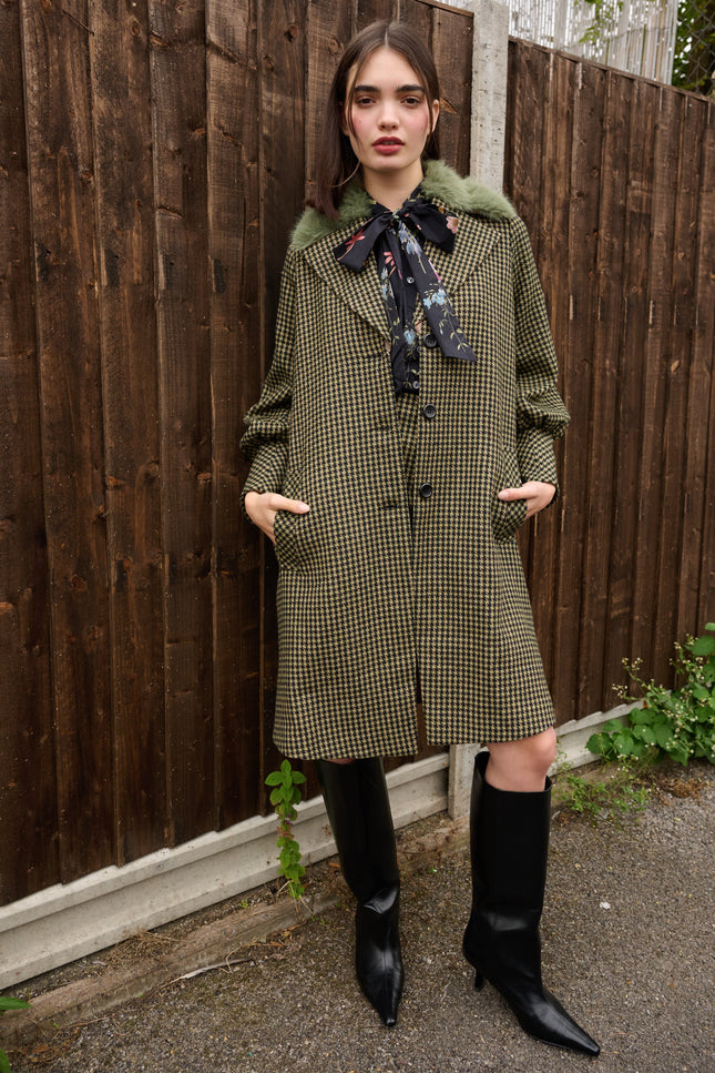 Mischa Burray Fur Collar Statement Sleeve Check Coat - Fern - Front