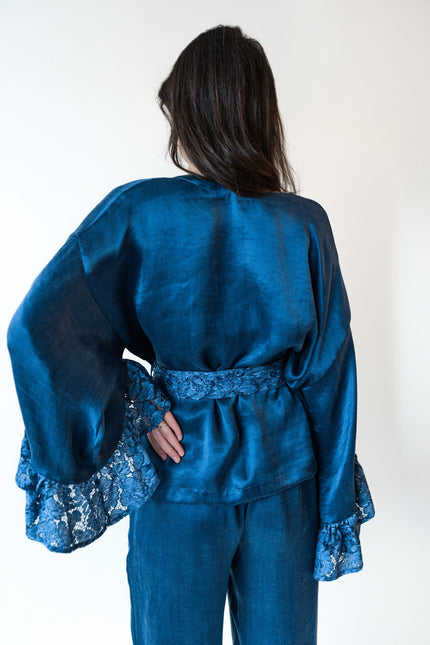 Maoconcept | Granatowe krótkie kimono z cupro z falbanami