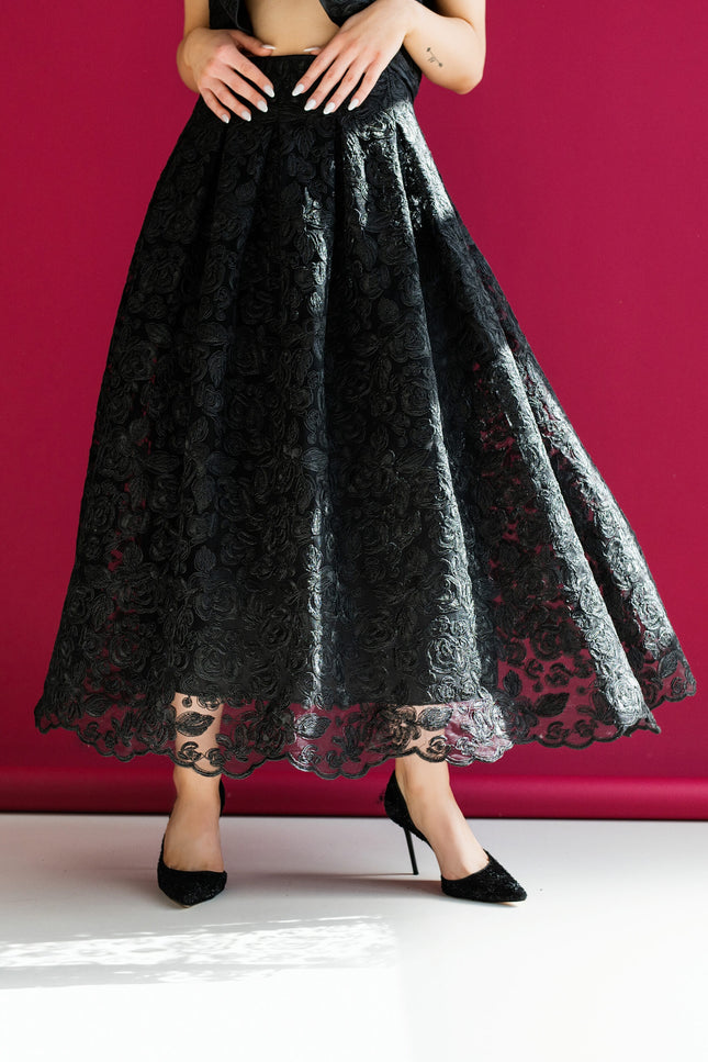 Maoconcept | Long flared black lace skirt