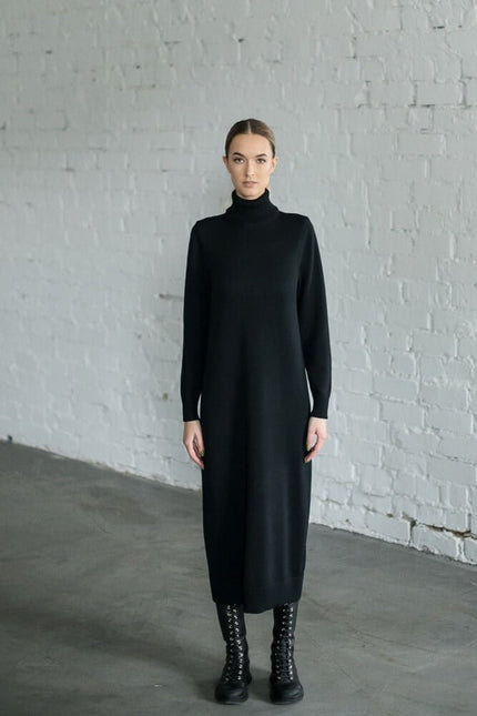 Monala | Turtleneck Knitted Merino Wool Sweater Dress in Black