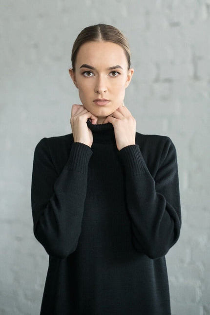 Monala | Turtleneck Knitted Merino Wool Sweater Dress in Black