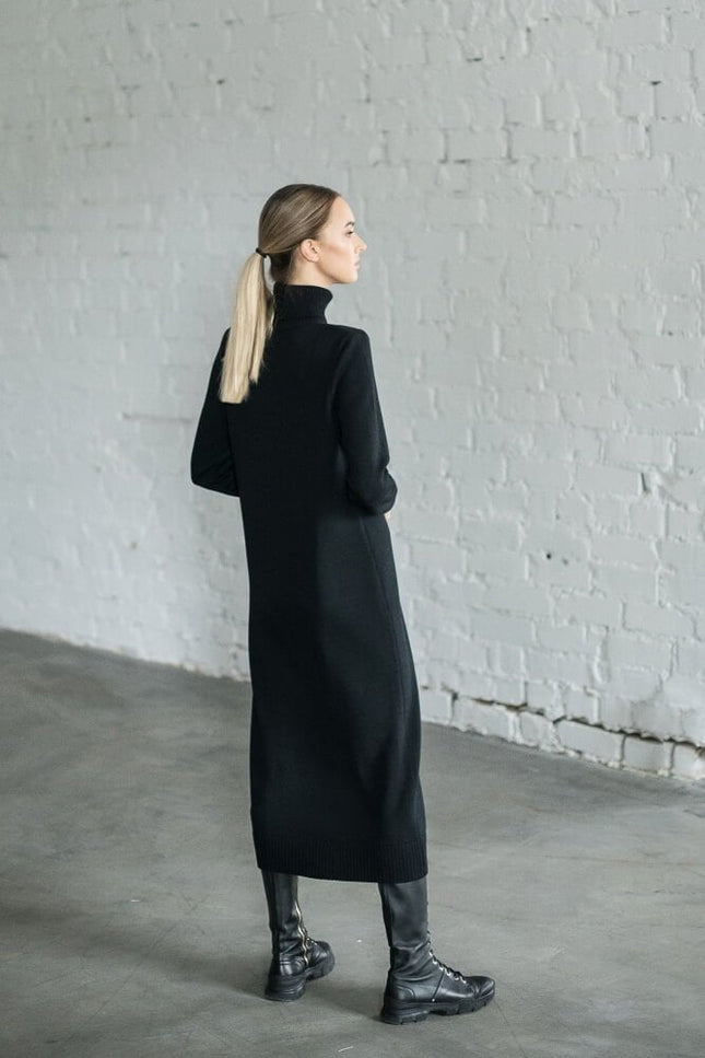 Monala | Turtleneck Knitted Merino Wool Sweater Dress in Black