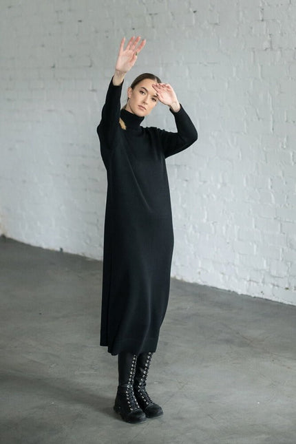 Monala | Turtleneck Knitted Merino Wool Sweater Dress in Black