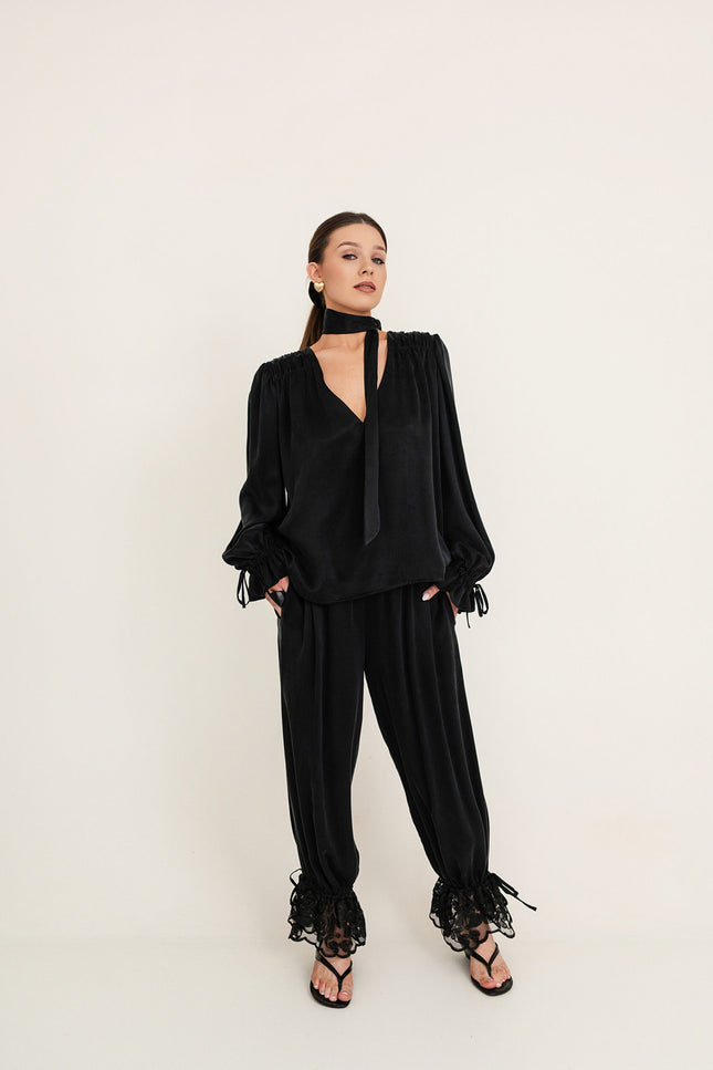 Maoconcept | Black cupro shirt with a bow tie detail